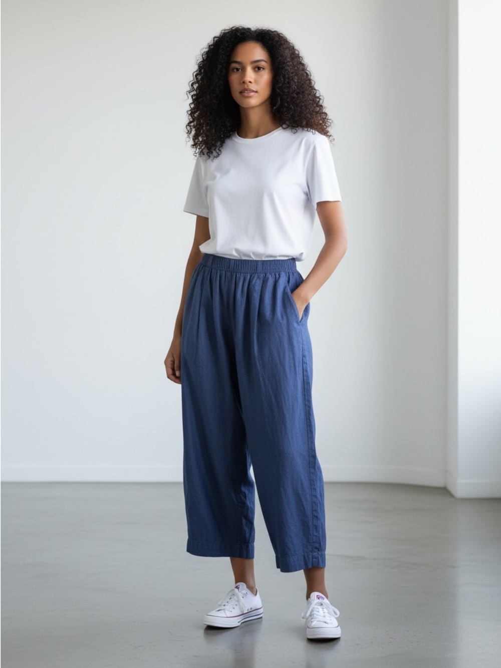 SKFK Denim Wide Leg Relaxed Pants Stretch Waist Pleated Pants Medium